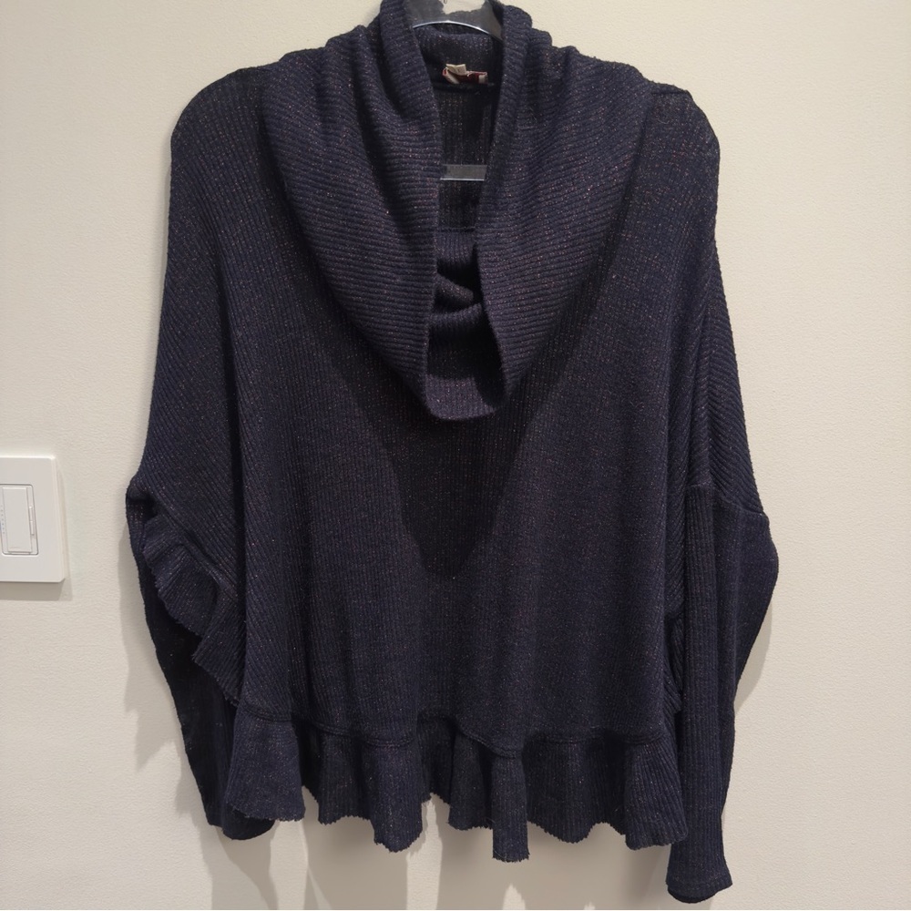 9-H15 Stcl Navy Metallic Red Fleck Ruffle Hem Cowl Neck Sweater Size M:L Women’s